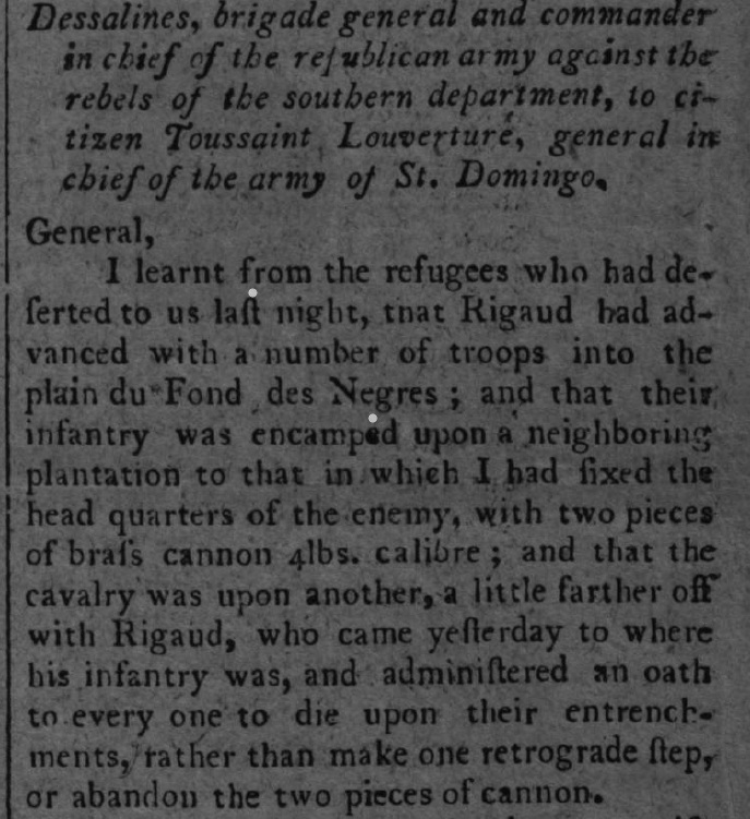 Text of letter from Jean Jacques Dessalines to Toussaint Louverture, 1800
